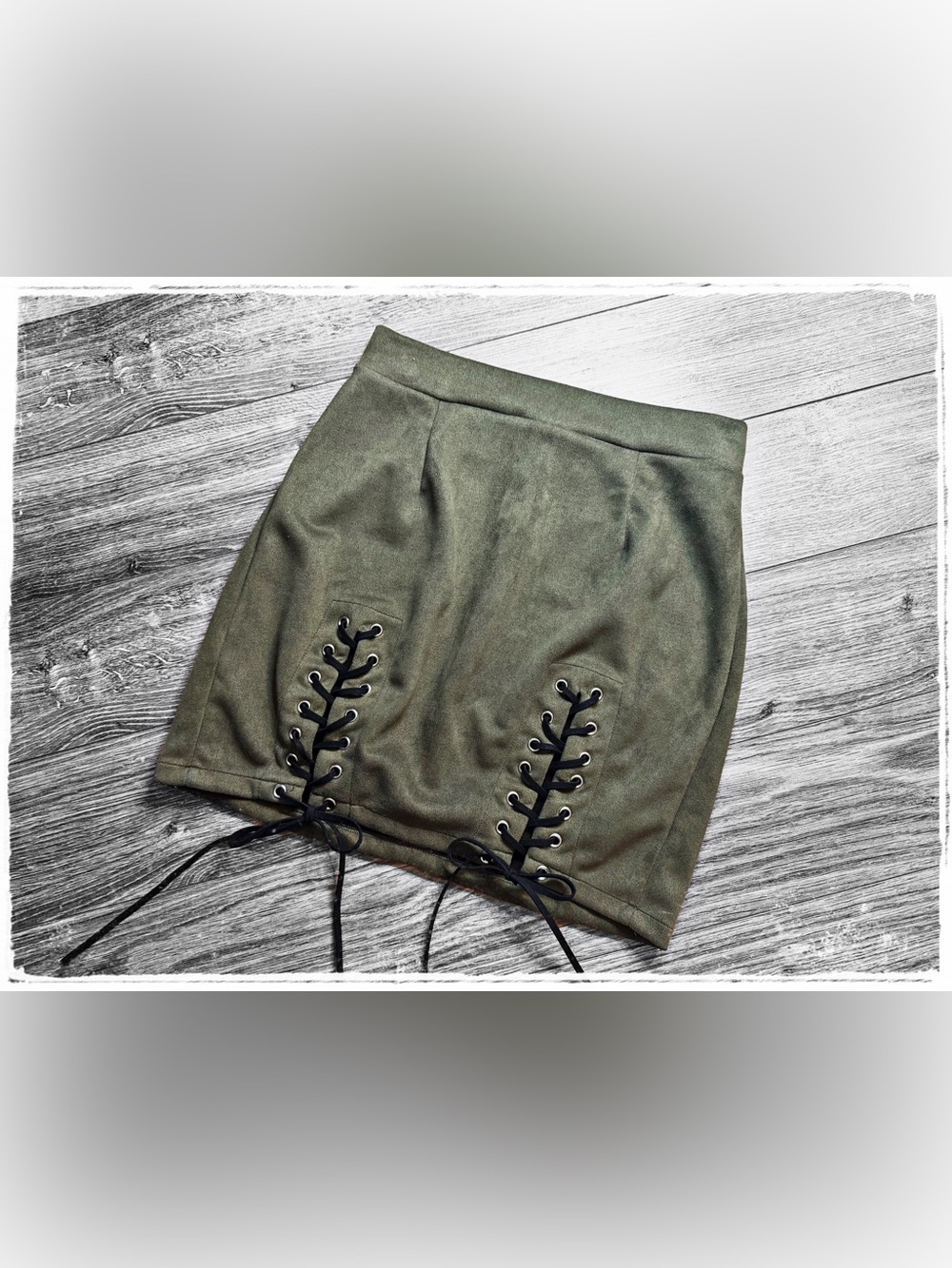 Olive Green Lace-Up Suede- Like Stretch Mini Skirt